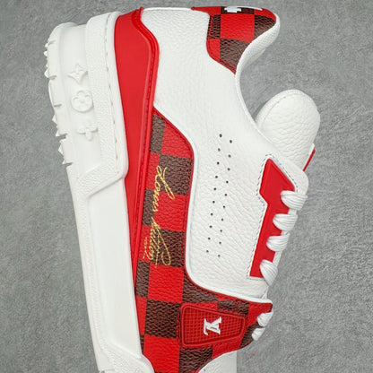 L's Red And Black Grid Leather Sneakers