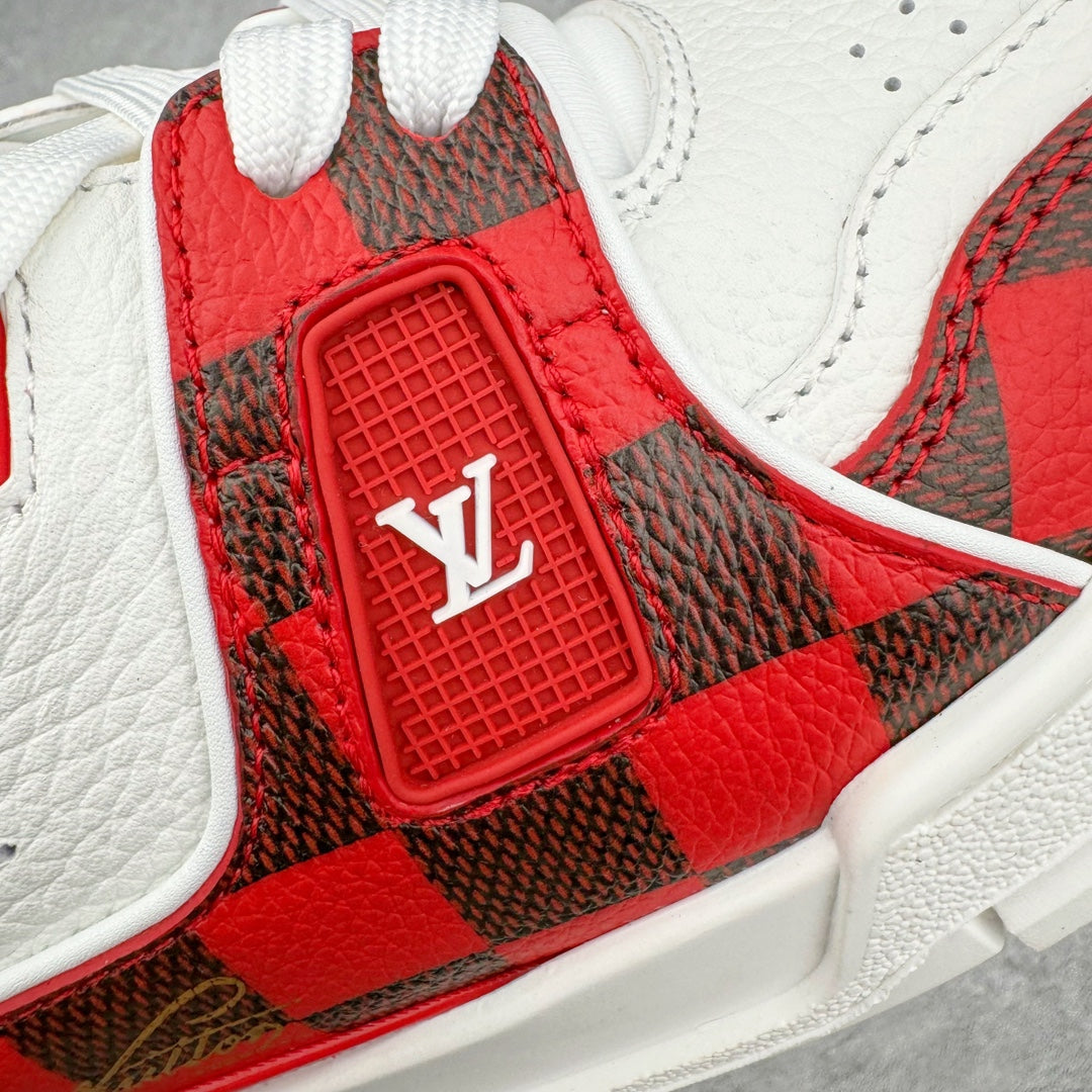 L's Red And Black Grid Leather Sneakers