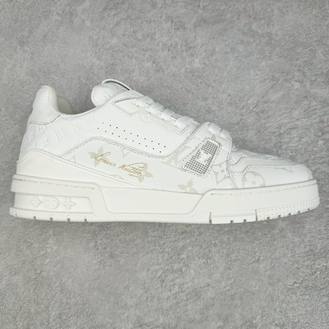 L's Pure White And Golden Logo Sneakers