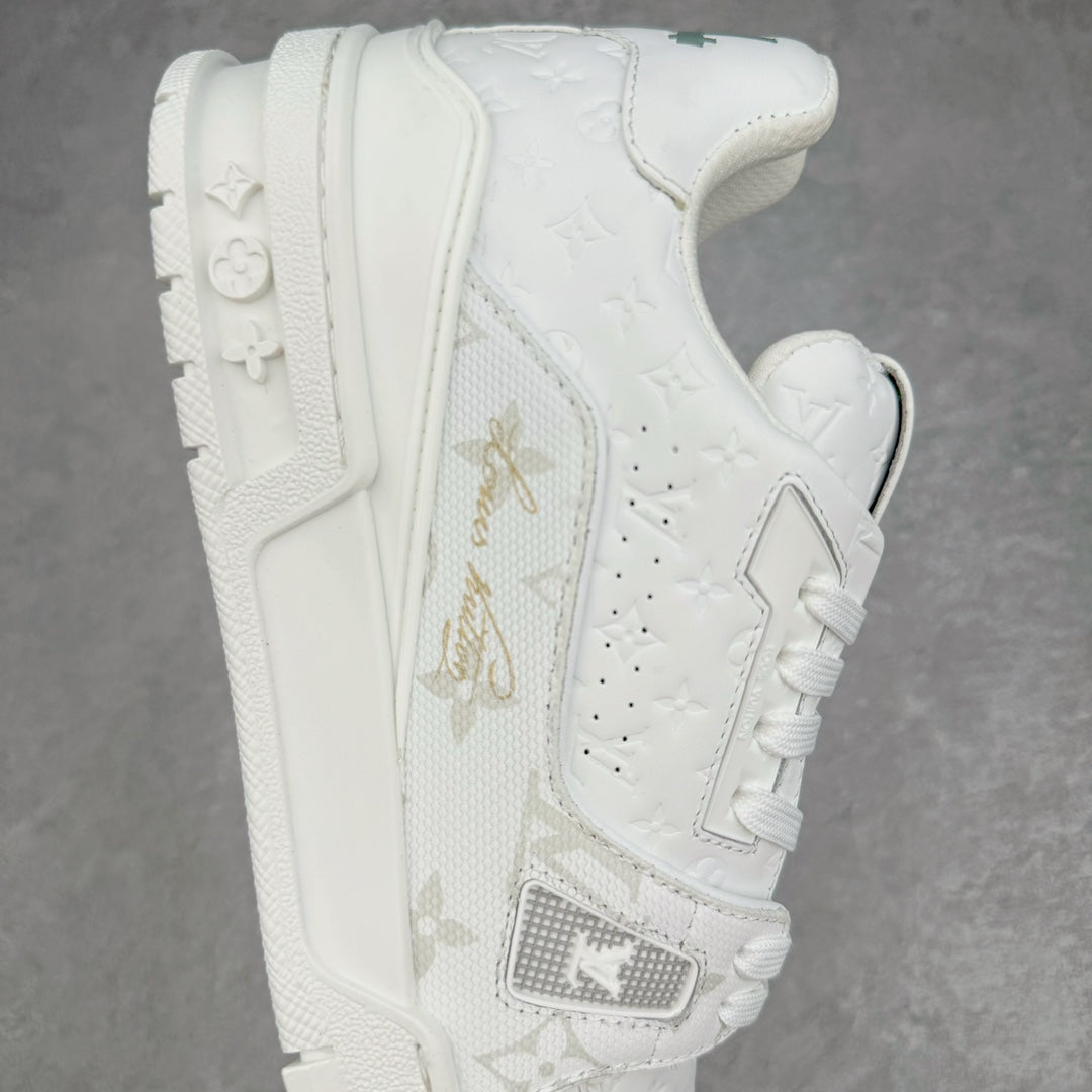 L's Pure White And Golden Logo Sneakers