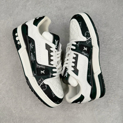 L's Dark Green And White Pattern Sneakers